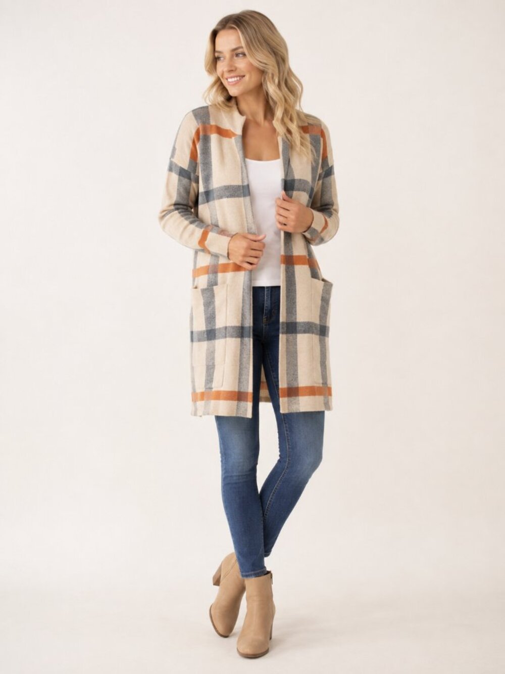 TAHARI Checkered Windowpane Longline Open Cardigan Beige Multi Medium #A4348